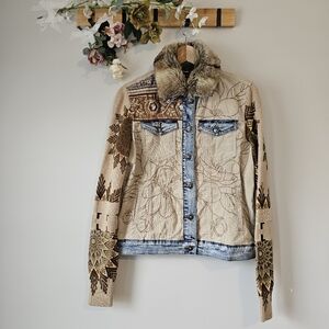 NWOT Desigual Corduroy Denim Jacket With Removeable Fuax Fur Trim Collar Size 6